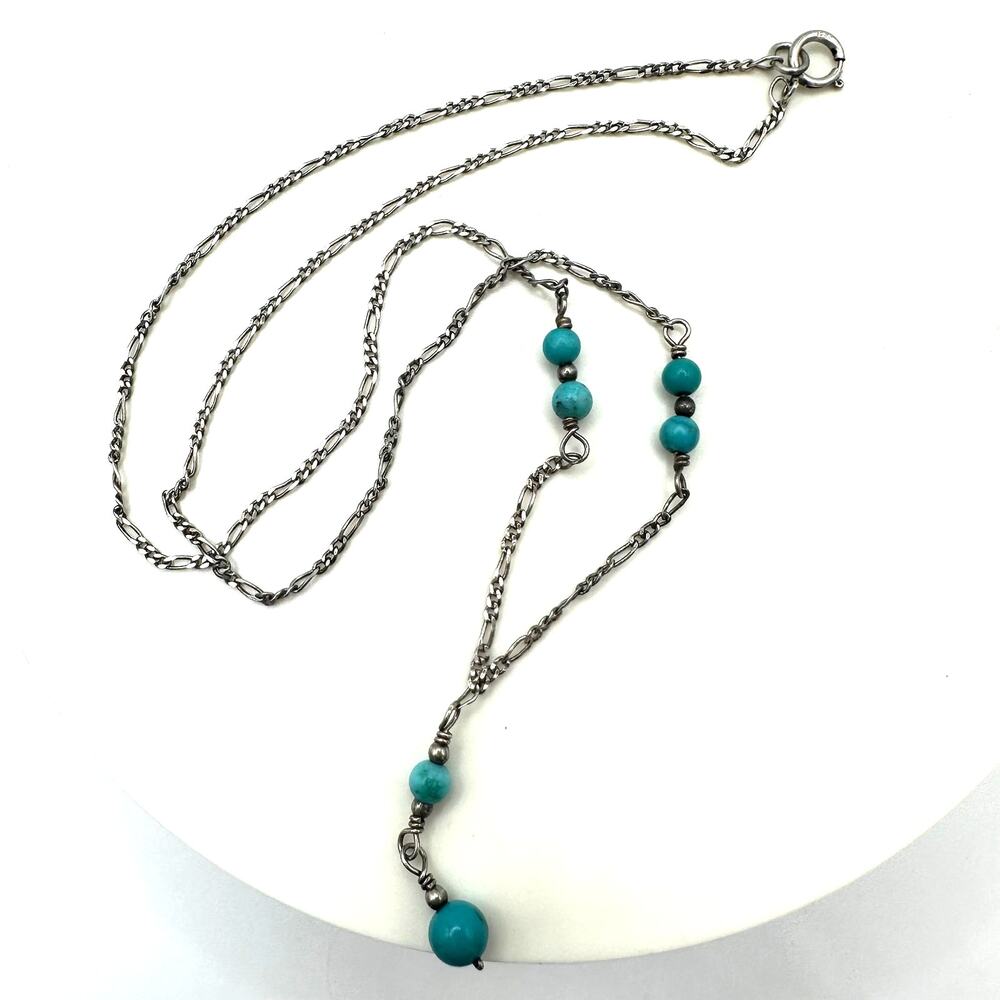 Vintage 925 sterling silver genuine turquoise beaded y-drop chain necklace